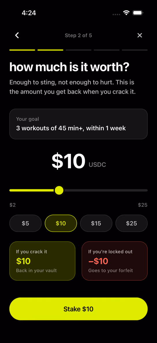 Step 2 of 5 of creating a Lock, headed “how much is it worth?” with the note “Enough to sting, not enough to hurt. This is the amount you get back when you crack it.” A slider is set to $10 USDC between a $2 minimum and a $25 maximum. Two panels show both outcomes side by side: “If you crack it, $10 back in your vault” in lime, and “If you're locked out, minus $10 goes to your forfeit” in red.